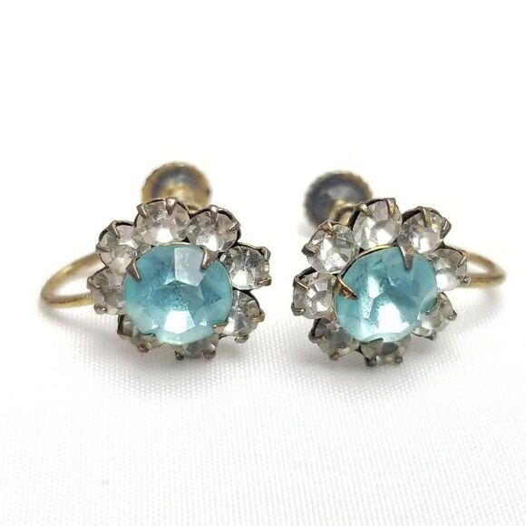 Vintage Sterling Silver Blue Rhinestone Cluster Clip On Earrings, Gold Wash - Picture 1 of 8